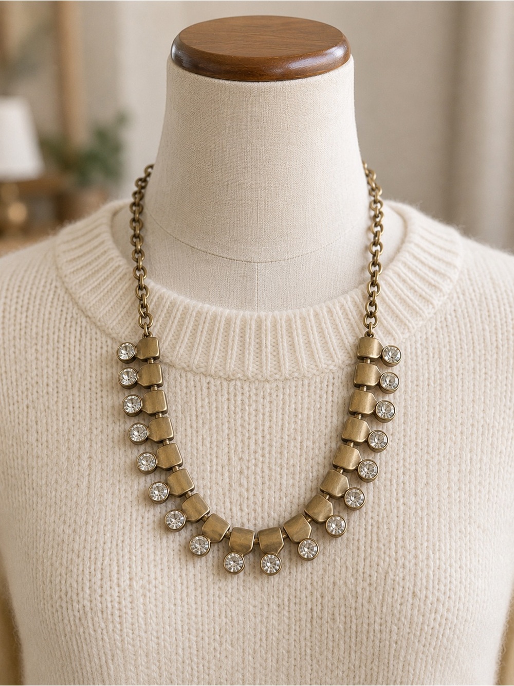 J.Crew Factory Gold & Crystal Statement Necklace Metallic Gold 18” + Extender - Picture 3 of 5